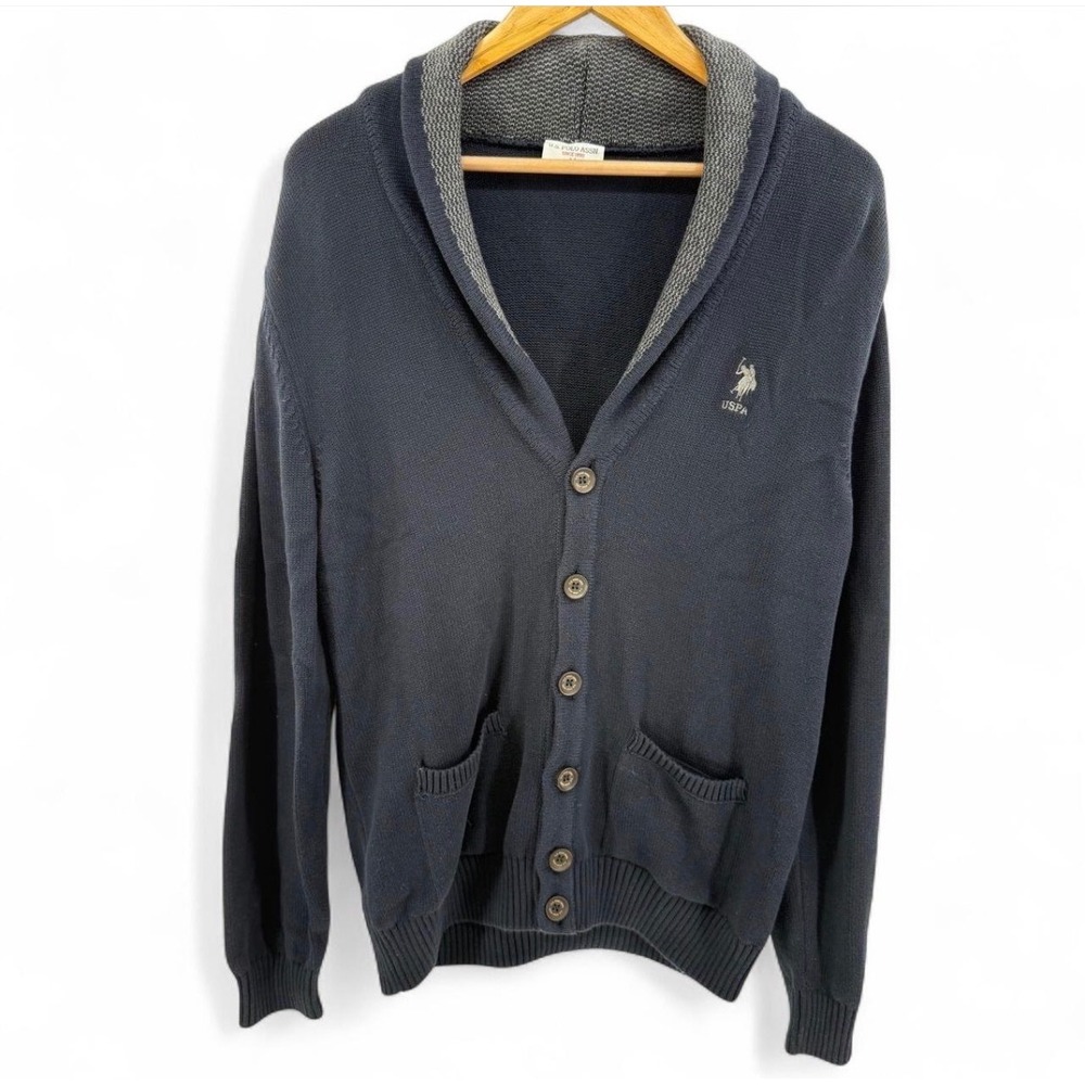 U.S. Polo Assn. Men's Navy Gray Cardigan Sweater Button Elbow Patch M